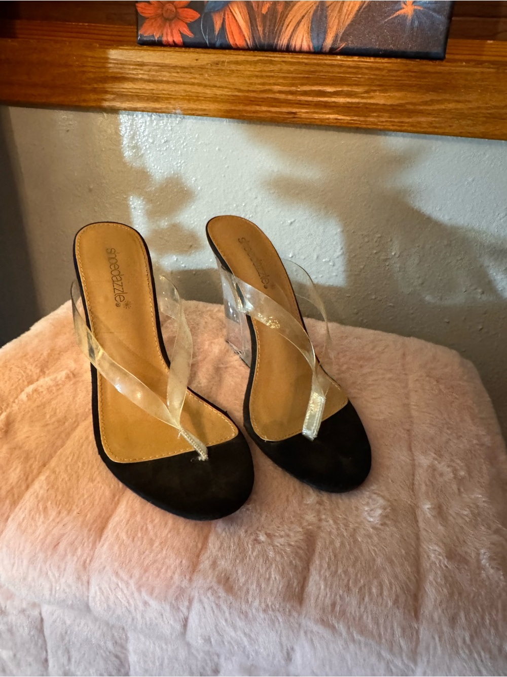 Shoe Dazzle Black Sandal with Clear Straps and Wedge Heel